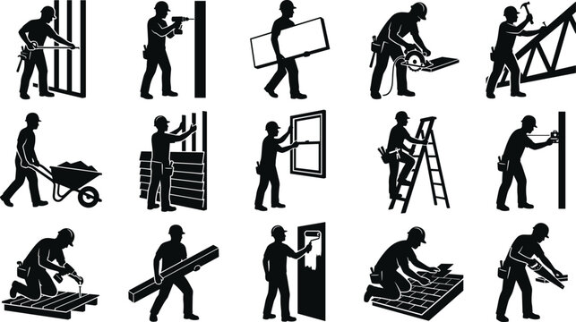  Construction workers silhouettes set building house carpentry repair renovation and industrial engineering icons