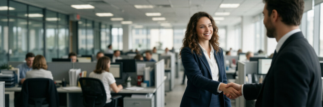 A smiling woman in a blue blazer shakes hands with a man in a dark suit in a bright office setting with coworkers in the background.
