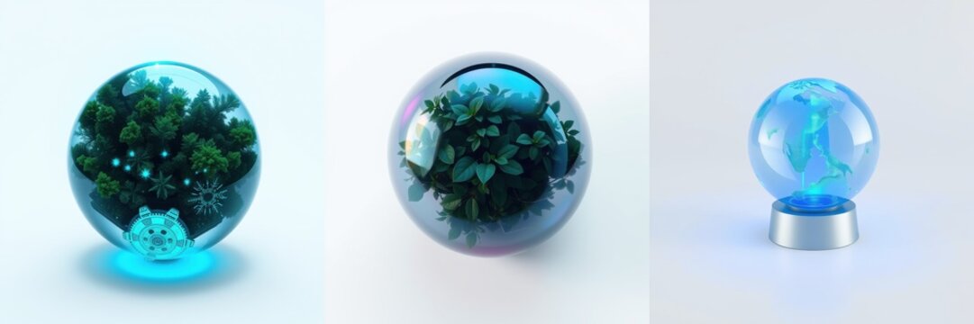 Glass globes display miniature ecosystems. Lush greenery, tiny figures illuminate interiors. Unique decorative objects showcase nature.