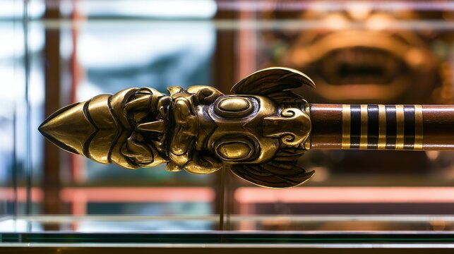 Ornate ceremonial blowpipe in museum showcase, fine carving and colorful feather trim, ethnographic artifact