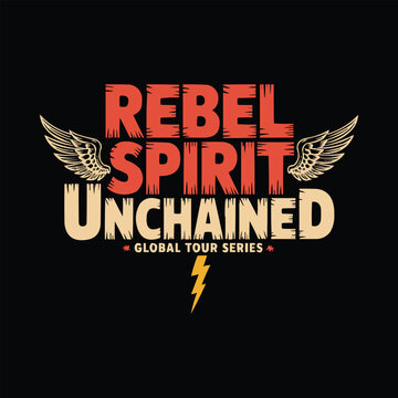 Vintage rebel spirit unchained typography design with detailed golden wings illustration
