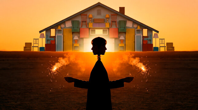 Silhouette woman holding sparklers before surreal furniture covered house