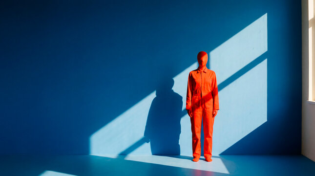 Faceless figure in red jumpsuit standing in stark blue room with light