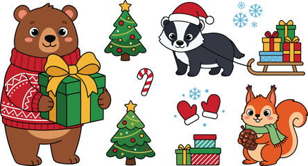 Naklejka premium Cute Cartoon Christmas Forest Animals Vector Illustration Set with Bear in Sweater Holding Gift, Badger Pulling Sled, Squirrel, Pine Trees, and Mittens