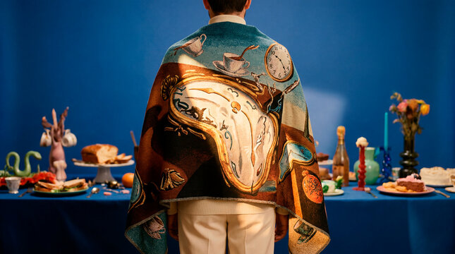Person draped in melting clock tapestry before surreal blue banquet table