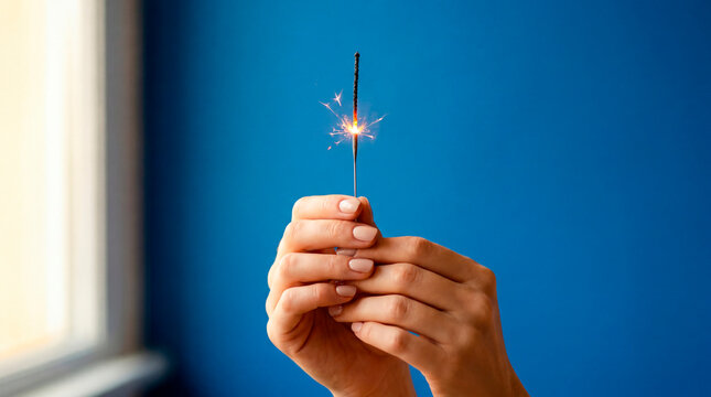 Hand holding a lit sparkler against bold blue interior wall