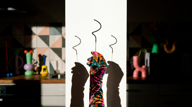 Gloved hand raising burnt sparklers in dramatic dark kitchen light