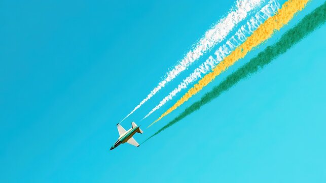 Tri-color smoke jet flying across blue sky, patriotic flight display, national celebration aerial show