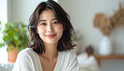 Obraz premium 清楚で可愛らしい日本人女性の美容ポートレート 白背景のナチュラルスキンケアイメージ