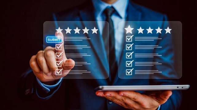 Customer Feedback Form: A businessman in a suit uses a tablet to interact with a digital form displaying star ratings and checkboxes, capturing user input and feedback.