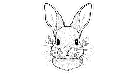 Fototapeta premium Cute Bunny Rabbit Head Sketch with Leaves, Black and White Line Art