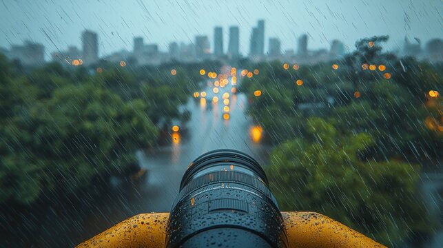 Camera view of cityline in rain, focused foreground