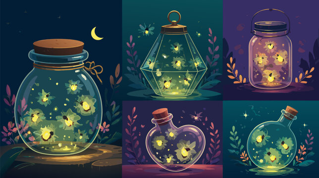 Enchanting glass jar filled with glowing golden fireflies captured in a magical forest at night, flat vector illustration representing childhood wonder, summer dreams, and natural illumination.