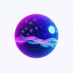 Fototapeta premium Glowing sphere depicts mountains, stars, symbols. Purple, blue hues dominate design. Abstract celestial illustration.