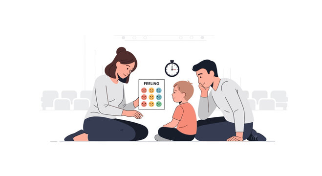 Family therapy session: parents and child discuss feelings with therapist using emotion chart