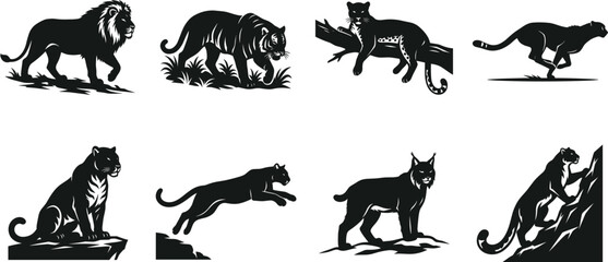 Vector set of big cat silhouettes featuring lion tiger cheetah and leopard for wildlife logo and emblem design © MstShapla