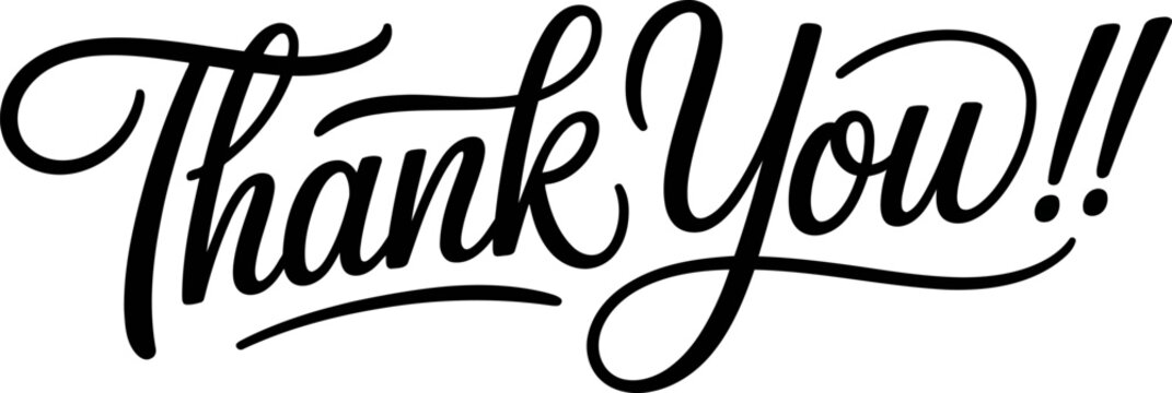 Black script lettering saying Thank You with two exclamation points and two dots on a white background