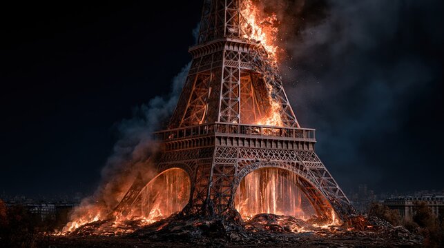 Paris France Europe lifestyle. A dramatic portrayal of the Eiffel Tower, engulfed in flames and smoke, set against a dark night sky. The tower stands tall and imposing.