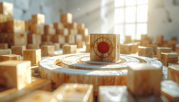 Wooden block target bullseye focus sunlight scattered round platform abstract concept success achievement motivation inspiration selective focus strategy goal business leadership challenge