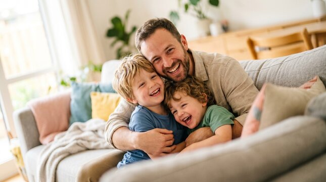 Pai feliz abra&ccedil;ando seus dois filhos em um sof&aacute;, sorrindo e rindo