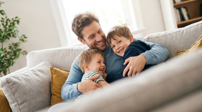 Pai e dois filhos rindo e se abra&ccedil;ando em um sof&aacute;