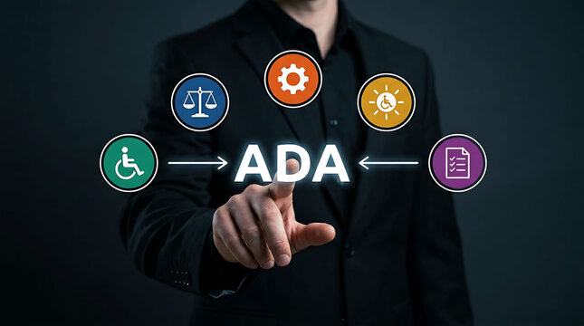 Businessman pointing at ADA compliance and disability regulations colorful icons screen
