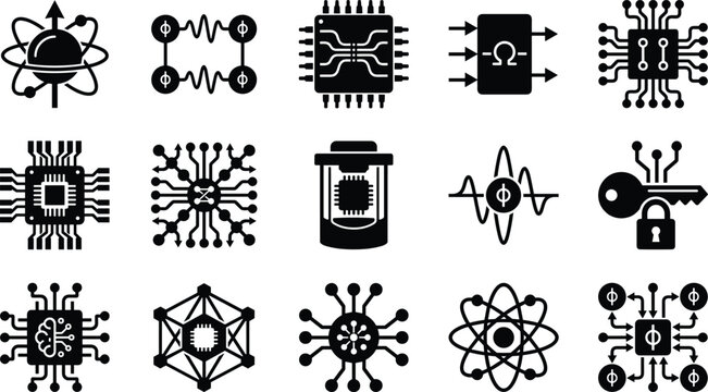 Quantum computing microchip and advanced physics processor technology glyph icon set