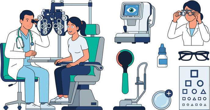 Ophthalmologist Doctor Examining Female Patient Vision with Phoropter Vector Illustration Set Featuring Eye Test Chart, Autorefractor Machine, and Optometry Tools