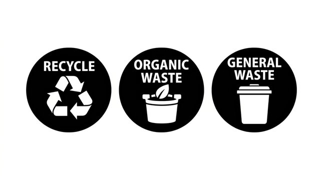 Clear icons for waste sorting: recycle, organic, and general trash separation.