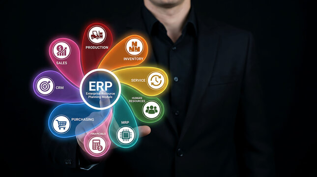 Businessman pointing at ERP system colorful module digital virtual screen interface