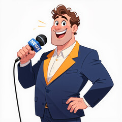 Naklejka premium Optimistic news reporter cartoon character stands tall with a wide grin, holding a big microphone aloft on a light white background.
