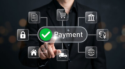 Obraz premium Businessman touching successful checkmark payment transaction on digital virtual screen