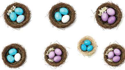 Easter Bird Nest Icon Set with Colorful Pastel Blue and Purple Eggs for Spring Holiday Greetings Cards and Digital Vector Illustrations © MdGohurul