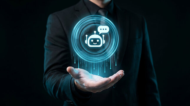 Businessman holding AI chatbot assistant NLP virtual holographic interface screen