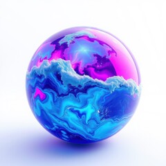 Fototapeta premium Vibrant sphere displays swirling blues, pinks, purples. Fluid patterns resemble waves, clouds, cosmic textures. Glossy surface reflects light beautifully.