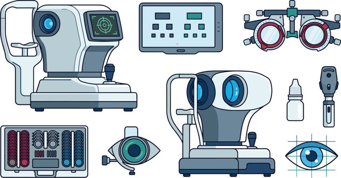 Ophthalmology and Optometry Medical Equipment Vector Illustration Set with Phoropter, Autorefractor, Trial Lens Case, Slit Lamp, and Vision Testing Icons