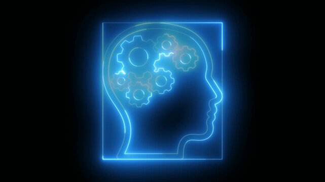 Neon Blue Glowing Head with Gears Icon Animation for Business Strategy and Innovation Thinking
