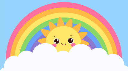 Naklejka premium Delightful flat vector illustration of a smiling friendly sun with a vibrant rainbow peaking over a soft white cloud. Cheerful weather icon design ideal for children's graphics and positivity.