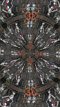 Seamless vertical video of mandala of a skeleton dancing. Psychedelic trippy halloween background.