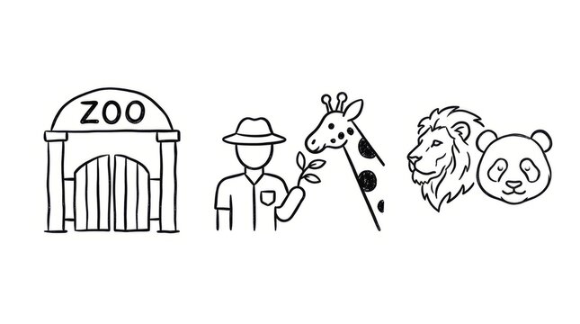Charming illustration of zoo entrance, keeper, and diverse animals