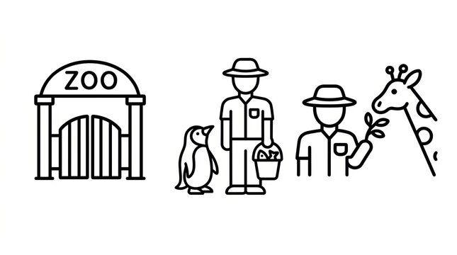 Zoo keepers caring for animals with iconic entrance and giraffe illustration