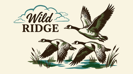 Wild ridge adventure vintage print design for t shirt. Flying geese nature artwork. Explore more. Outdoor life graphic. © panji
