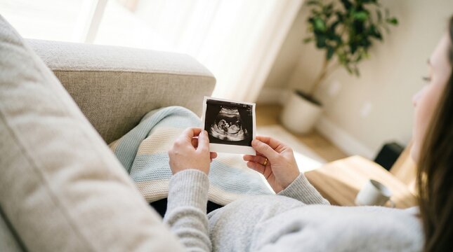 Mulher gr&aacute;vida olhando ultrassom de beb&ecirc; em casa