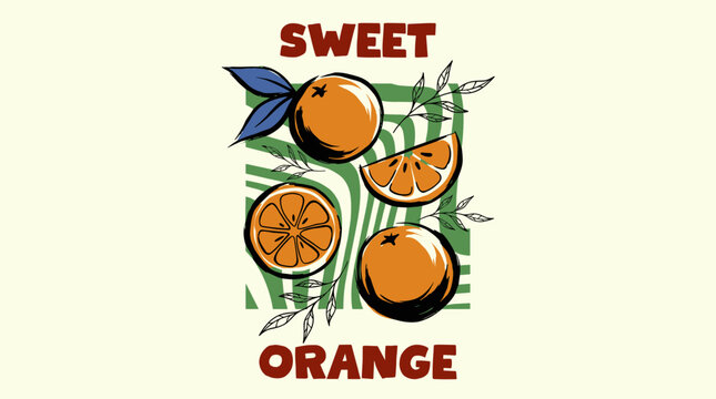 Eat well live well. Orange local farm. Organic fruit farm. Sweet orange fruit artwork.