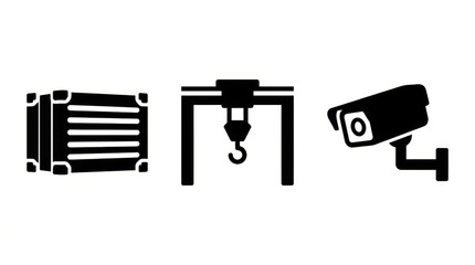 Fototapeta premium Industrial icons representing shipping container, crane, and security camera for logistics and surveillance.