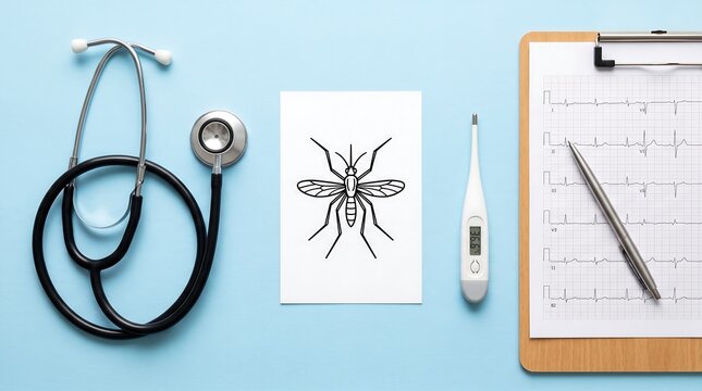 Medical tools and mosquito illustration on light blue background.