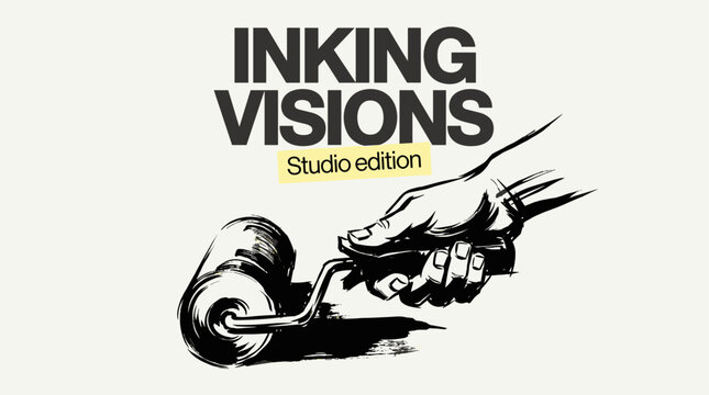 Inking visions studio edition. Hand holding ink roller for printmaking. Art studio graphic design for t shirt print poster sticker background.