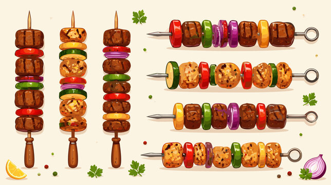 Delicious grilled meat skewer shish kebab flat vector illustration with juicy beef chunks and fresh vegetables for barbecue party restaurant menu and summer outdoor cooking concepts.