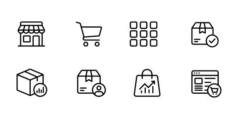Ecommerce icon set outline store cart package order analytics for shop UI © JAKIR LITON