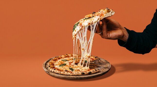 Pizza com queijo derretido sendo puxada por uma m&atilde;o
